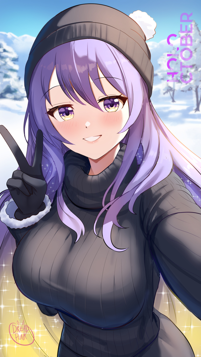 1girl black_gloves breasts dreadpunk gloves gradient_hair highres hololive hololive_indonesia large_breasts long_hair moona_hoshinova multicolored_hair purple_eyes purple_hair signature smile snow starry_hair sweater turtleneck turtleneck_sweater v virtual_youtuber woollen_cap