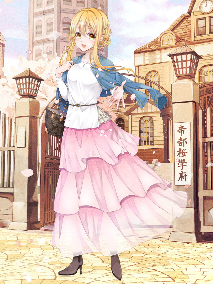 1girl :d bag black_footwear blonde_hair blue_jacket building dairoku_ryouhei day earrings elbow_carry erisha_paltier handbag high_heels highres jacket jacket_on_shoulders jewelry long_hair long_skirt long_sleeves looking_at_viewer necklace open_mouth outdoors petals pink_skirt shima_(shima46653800) shirt skirt smile solo standing white_shirt yellow_eyes