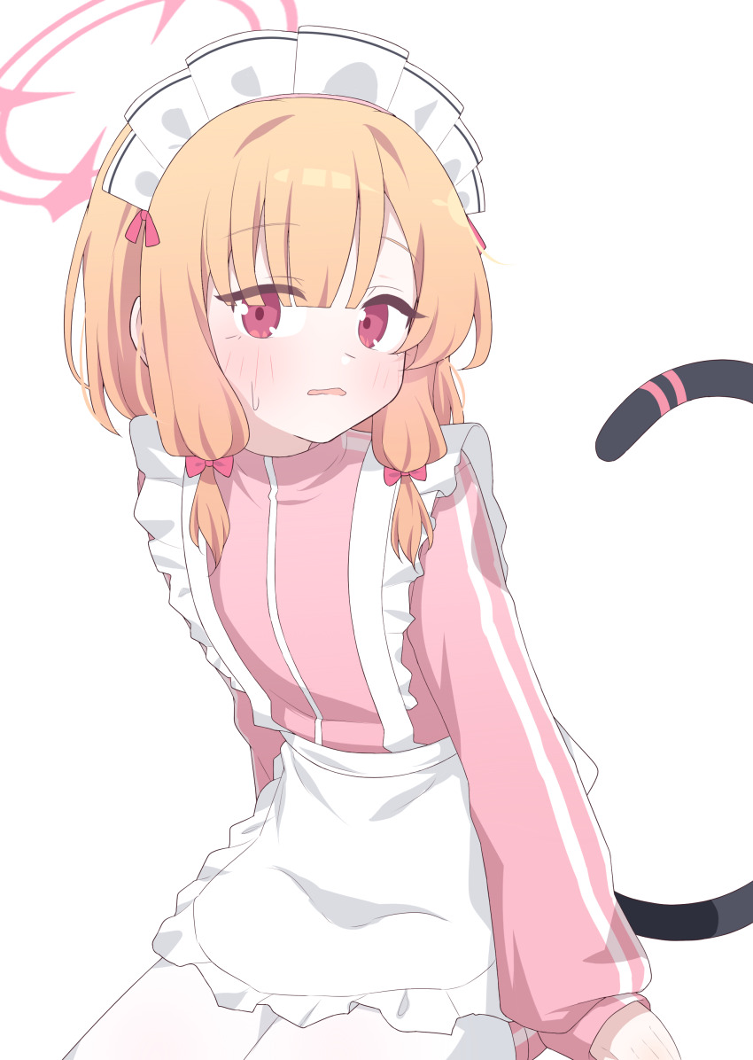 1girl absurdres animal_ear_headphones animal_ears apron blonde_hair blue_archive blush cat_ear_headphones fake_animal_ears frilled_apron frills green_halo hagoonha halo headphones highres holding holding_mop jacket looking_at_viewer low_twintails maid_apron maid_headdress momoi_(blue_archive) momoi_(maid)_(blue_archive) mop pants parted_lips pink_halo pink_jacket pink_pants pink_track_suit red_eyes solo track_jacket twintails white_apron