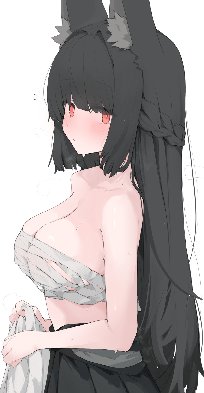 1girl absurdres animal_ear_fluff areola_slip bare_shoulders black_hair black_skirt blush breasts commentary_request from_side highres hoshimi_miyabi large_breasts long_hair mikozin red_eyes sarashi simple_background skirt solo sweat white_background zenless_zone_zero