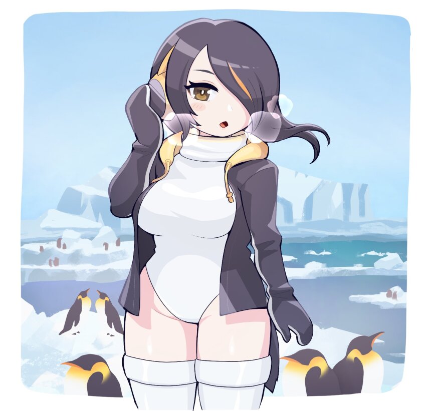 1girl adjusting_clothes adjusting_headwear an-chan_(ananna0315) bird black_hair black_jacket black_mittens blue_sky breath emperor_penguin emperor_penguin_(kemono_friends) hair_over_one_eye headphones heattech_leotard highleg highleg_leotard highres hood hood_down hooded_jacket hoodie ice iceberg jacket kemono_friends leotard long_sleeves looking_at_viewer mittens multicolored_hair one-piece_swimsuit open_clothes open_hoodie open_jacket orange_hair penguin penguin_girl penguin_tail short_hair sky solo streaked_hair swimsuit tail thighhighs turtleneck white_leotard white_thighhighs