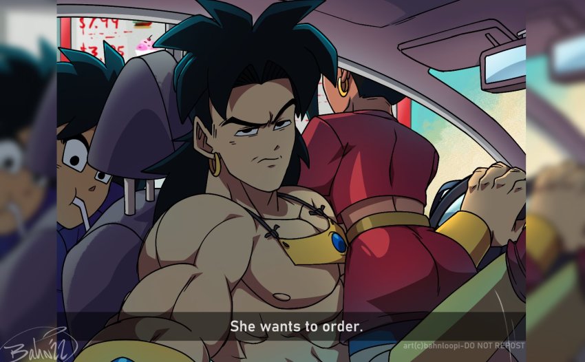 1girl 2boys :o ass bahnloopi black_eyes black_hair broly_(dragon_ball_super) broly_(dragon_ball_z) car_interior chair dark-skinned_female dark-skinned_male dark_skin disgust dragon_ball dragon_ball_super dragonball_z drinking_straw earrings english_text fake_phone_screenshot fake_screenshot feet_out_of_frame gold he_wants_to_order_(meme) impatience jewelry kale_(dragon_ball) meme multiple_boys muscular muscular_male pov price rear-view_mirror signature sitting snapchat steering_wheel straw window