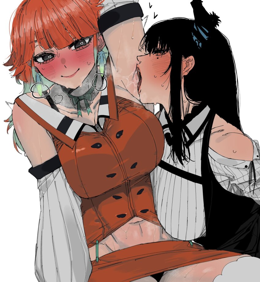 2girls blush bow bow_choker breath carrot_011 choker collared_shirt colored_inner_hair detached_sleeves earrings feather_earrings feathers groin hair_flaps heart heart-shaped_eyes highres hololive hololive_english horns jewelry licking licking_armpit mole mole_under_eye multicolored_hair multiple_girls navel nerissa_ravencroft open_mouth saliva shirt sweat swept_bangs takanashi_kiara two-tone_hair very_sweaty virtual_youtuber yuri