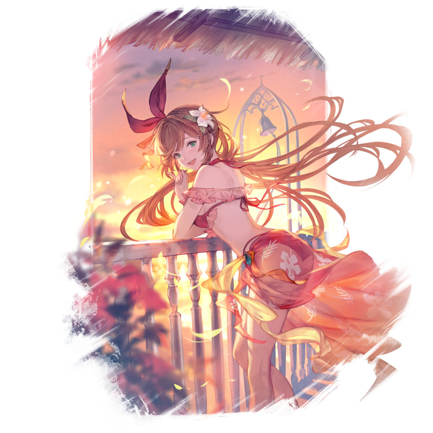 1girl alpha_transparency ass bare_shoulders bell bikini breasts clarisse_(granblue_fantasy) clarisse_(summer)_(granblue_fantasy) cloud flower granblue_fantasy hair_flower hair_ornament halterneck long_hair looking_at_viewer looking_back medium_breasts minaba_hideo official_art open_mouth orange_hair red_bikini sarong sideboob sky smile solo sunset swimsuit transparent_background white_flower