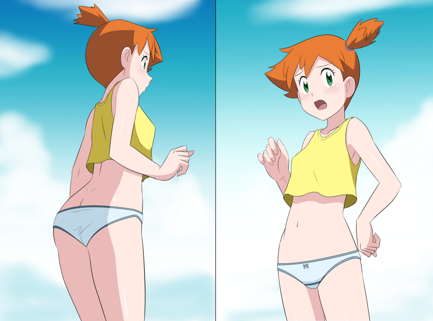 1girl armpits ass asymmetrical_hair blush breasts butt_crack creatures_(company) dimples_of_venus game_freak gen_1_pokemon green_eyes highres kakkii legs looking_at_another looking_at_viewer medium_breasts misty_(pokemon) navel nintendo orange_hair panties pants pokemon pokemon_(anime) pokemon_(classic_anime) ponytail shirt side_ponytail smile sweat sweatdrop takaya_n tank_top thighs underwear yellow_shirt yellow_tank_top