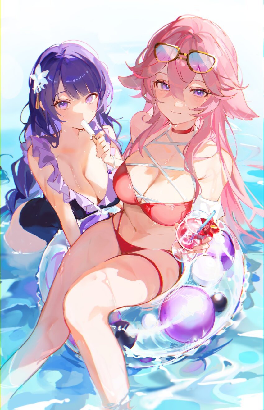 2girls absurdres bikini breasts choker cleavage food genshin_impact highres holding holding_food innertube long_hair looking_at_viewer multiple_girls one-piece_swimsuit pink_hair pkokonatu popsicle purple_eyes purple_hair raiden_shogun red_bikini red_choker swim_ring swimsuit thighs very_long_hair yae_miko