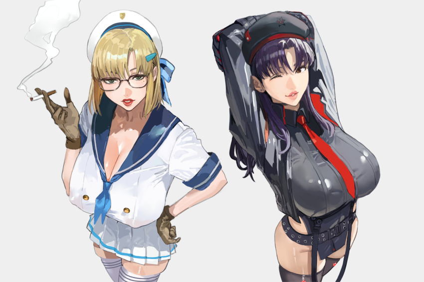 2girls akagi_ritsuko arms_behind_head arms_up belt beret black_thighhighs black_vs_white blonde_hair breasts brown_gloves cleavage commentary cosplay covered_erect_nipples english_commentary female_focus glasses gloves goddess_of_victory:_nikke green_eyes grin hair_ornament hairclip hand_on_own_hip hat highres hintobento katsuragi_misato large_breasts long_hair looking_at_viewer multiple_girls necktie neon_(nikke) neon_(nikke)_(cosplay) neon_genesis_evangelion one_eye_closed pleated_skirt purple_hair rapi_(nikke) rapi_(nikke)_(cosplay) red_lips school_uniform serafuku short_hair skirt smile smoke thighhighs white_thighhighs wink