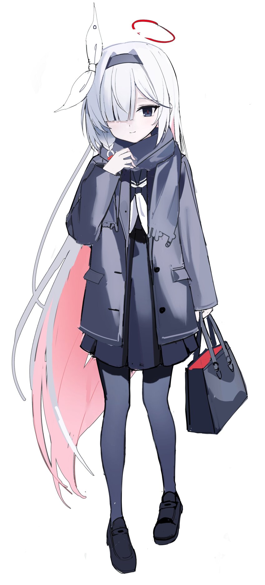 1girl absurdres bag black_eyes black_hairband black_serafuku blue_archive braid colored_inner_hair full_body hairband halo handbag highres iv_(iv70311741) multicolored_hair neckerchief pantyhose plana_(blue_archive) red_halo red_pupils scarf school_uniform serafuku shoes single_braid solo white_background white_hair white_neckerchief