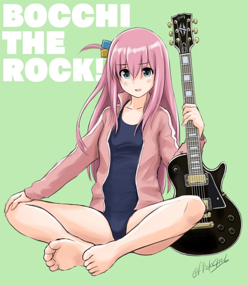 1girl blue_eyes blue_one-piece_swimsuit bocchi_the_rock! copyright_name cube_hair_ornament electric_guitar flick_(sal23) full_body gibson_les_paul gotoh_hitori green_background guitar hair_between_eyes hair_ornament highres holding holding_instrument instrument jacket long_hair looking_at_viewer one-piece_swimsuit one_side_up pink_hair pink_jacket simple_background sitting solo swimsuit swimsuit_under_clothes track_jacket twitter_username