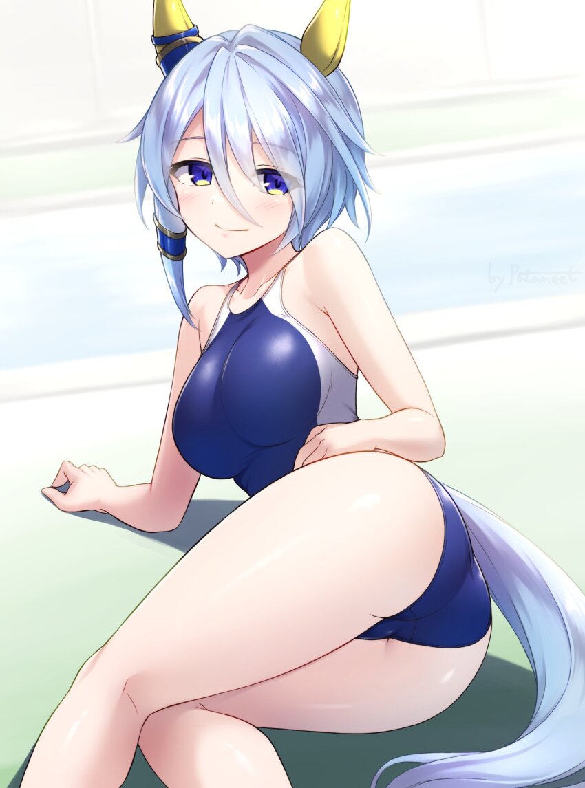 1girl alternate_costume animal_ears ass blue_eyes blue_hair blurry blurry_background blush breasts collarbone hair_between_eyes hair_ornament highres horse_ears horse_tail k.s.miracle_(umamusume) medium_breasts medium_hair pataneet pool smile solo swimsuit tail umamusume