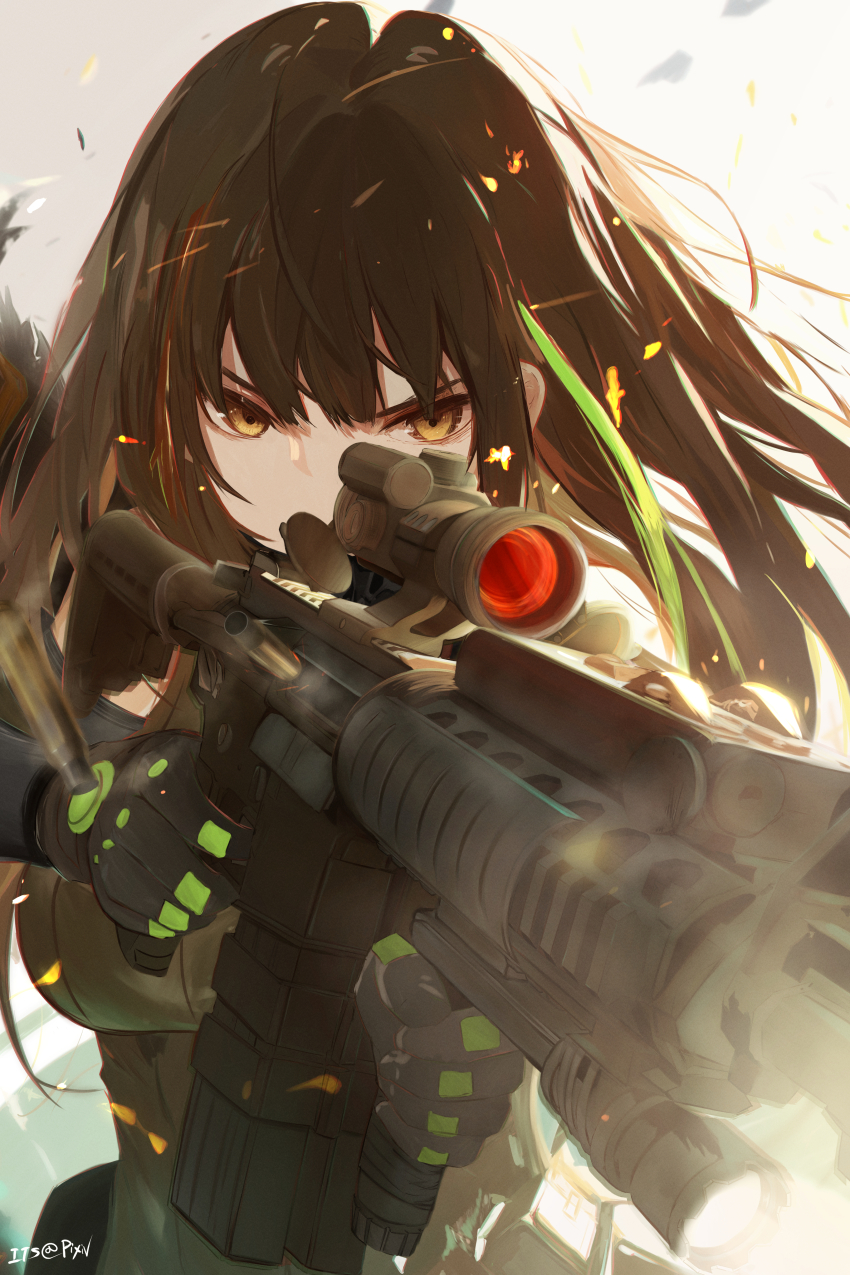 1girl absurdres aiming assault_rifle brown_hair casing_ejection girls&#039;_frontline gloves green_hair gun highres holding holding_gun holding_weapon its_(pixiv_61283676) m4_carbine m4a1_(girls&#039;_frontline) m4a1_(mod3)_(girls&#039;_frontline) multicolored_hair rifle scope shell_casing solo streaked_hair upper_body weapon white_background yellow_eyes