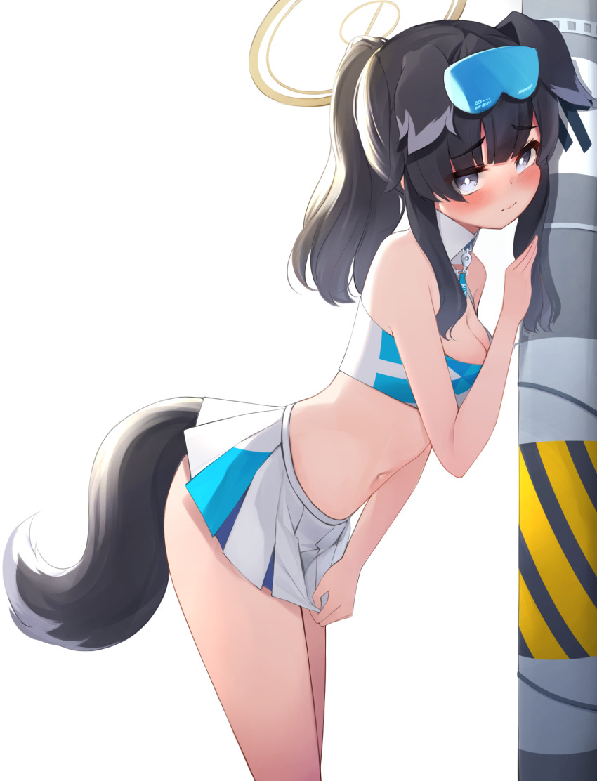 1girl against_wall animal_ears ass black_eyes black_hair blue_archive blush breasts cheerleader cleavage dog_ears dog_girl dog_tail embarrassed extra_ears eyewear_on_head goggles goggles_on_head halo hibiki_(blue_archive) hibiki_(cheer_squad)_(blue_archive) highres leaning_forward long_hair midriff millennium_cheerleader_outfit_(blue_archive) miniskirt navel pleated_skirt ponytail skirt skirt_tug solo sports_bra stomach tail thighs tisofofo white_skirt white_sports_bra