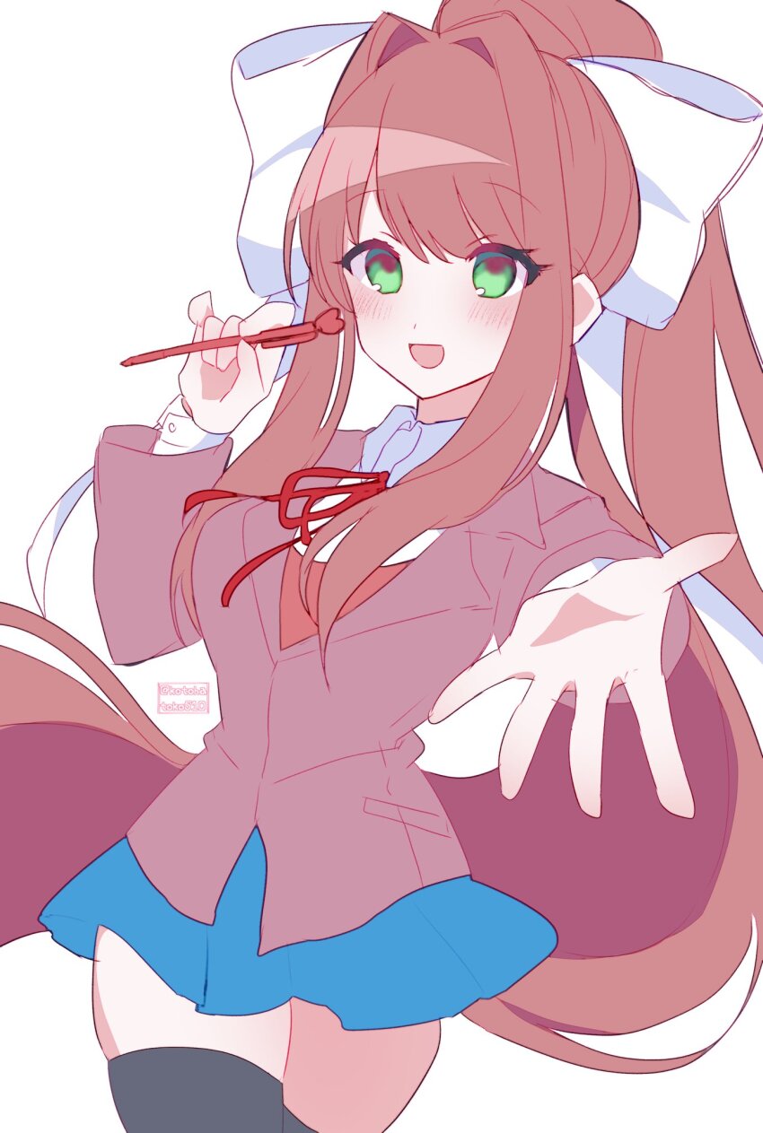 1girl bow brown_hair doki_doki_literature_club green_eyes hair_bow hair_ribbon highres kotohatoko510 long_hair long_sleeves looking_at_viewer monika_(doki_doki_literature_club) open_mouth ponytail ribbon school_uniform shirt skirt smile solo very_long_hair white_bow white_ribbon