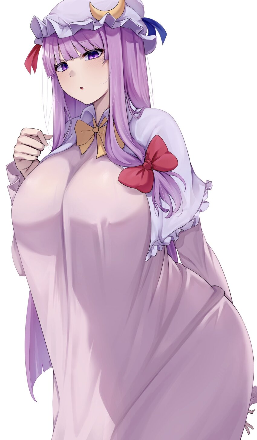 1girl breasts dress hat highres large_breasts long_hair long_sleeves looking_at_viewer mirufui mob_cap neck_ribbon patchouli_knowledge pink_dress purple_eyes purple_hair ribbon see-through_clothes solo touhou white_background