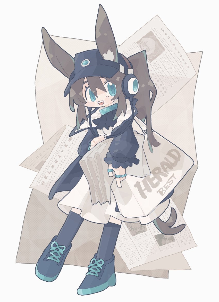 1girl :d absurdres amiya_(arknights) amiya_(newsgirl)_(arknights) animal_ear_fluff animal_ears arknights bag black_footwear black_hat black_jacket black_socks blue_eyes brown_hair commentary_request dress ears_through_headwear eyebrows_hidden_by_hair full_body grey_background hair_between_eyes hat headphones highres jacket jewelry kdmr0402 long_hair long_sleeves looking_at_viewer newspaper open_clothes open_jacket open_mouth ponytail puffy_long_sleeves puffy_sleeves rabbit_ears ring shoes simple_background sleeves_past_wrists smile socks solo teeth thick_eyebrows upper_teeth_only very_long_hair visor_cap white_dress