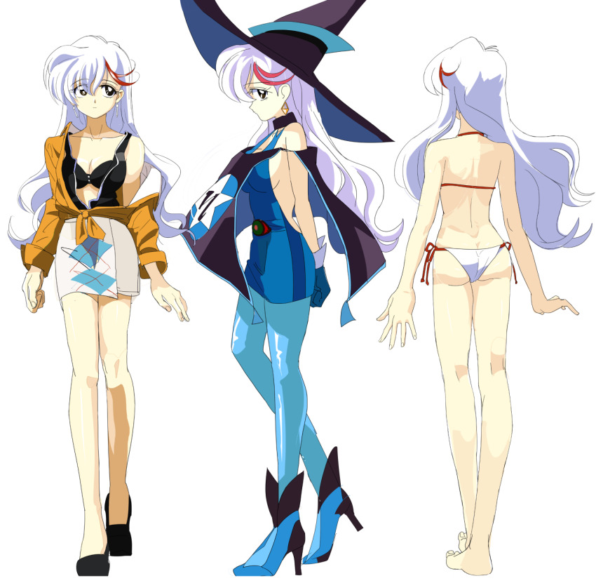 1girl aikawa_akane ass bikini black_bra black_hat black_tabard blue_dress blue_footwear blue_pantyhose bra brown_hair dress full_body grey_skirt hat highres jacket long_hair mahou_tsukai_tai! multicolored_hair multiple_views pantyhose red_hair side-tie_bikini_bottom skirt sleeveless sleeveless_dress standing streaked_hair swimsuit tabard underwear white_bikini white_hair witch_hat yellow_jacket yontomapochi