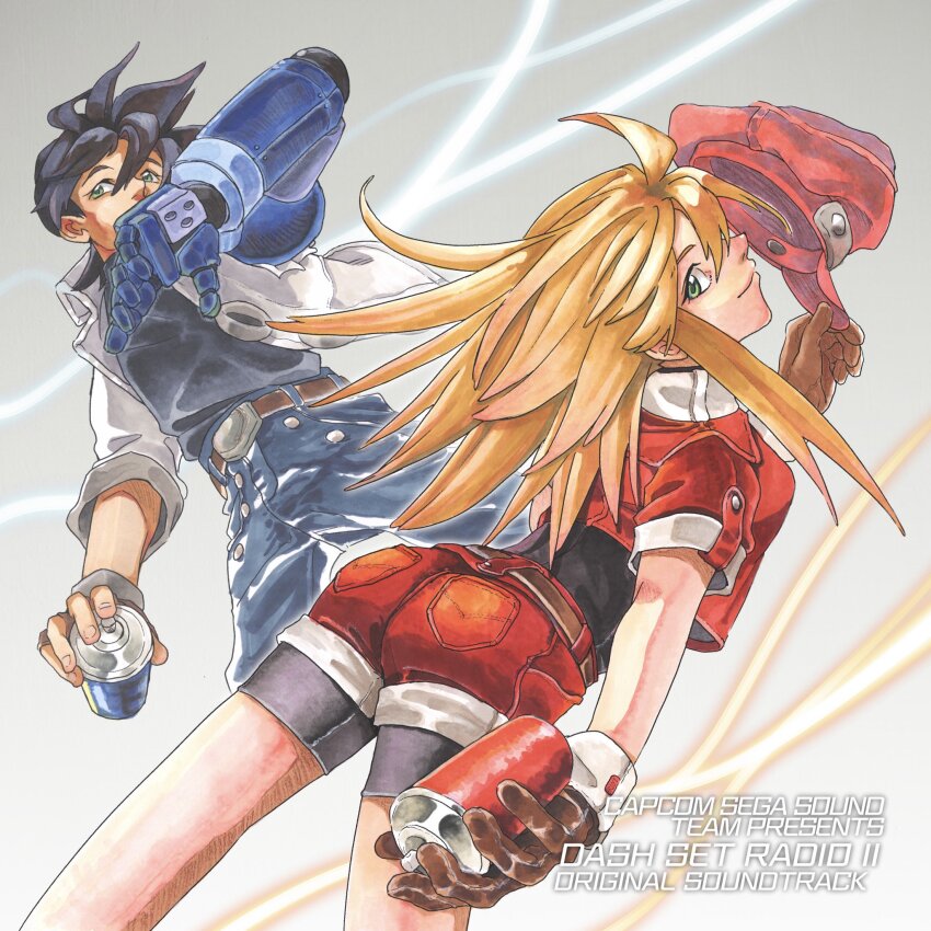 1boy 1girl ass black_hair blonde_hair breasts capcom crossover denim gloves green_eyes highres jacket jeans jet_set_radio legs long_hair looking_at_viewer looking_back medium_breasts mega_man_(series) mega_man_legends_(series) mega_man_volnutt open_clothes open_jacket pants roll_caskett_(mega_man) short_hair shorts sideboob smile thighs traditional_media