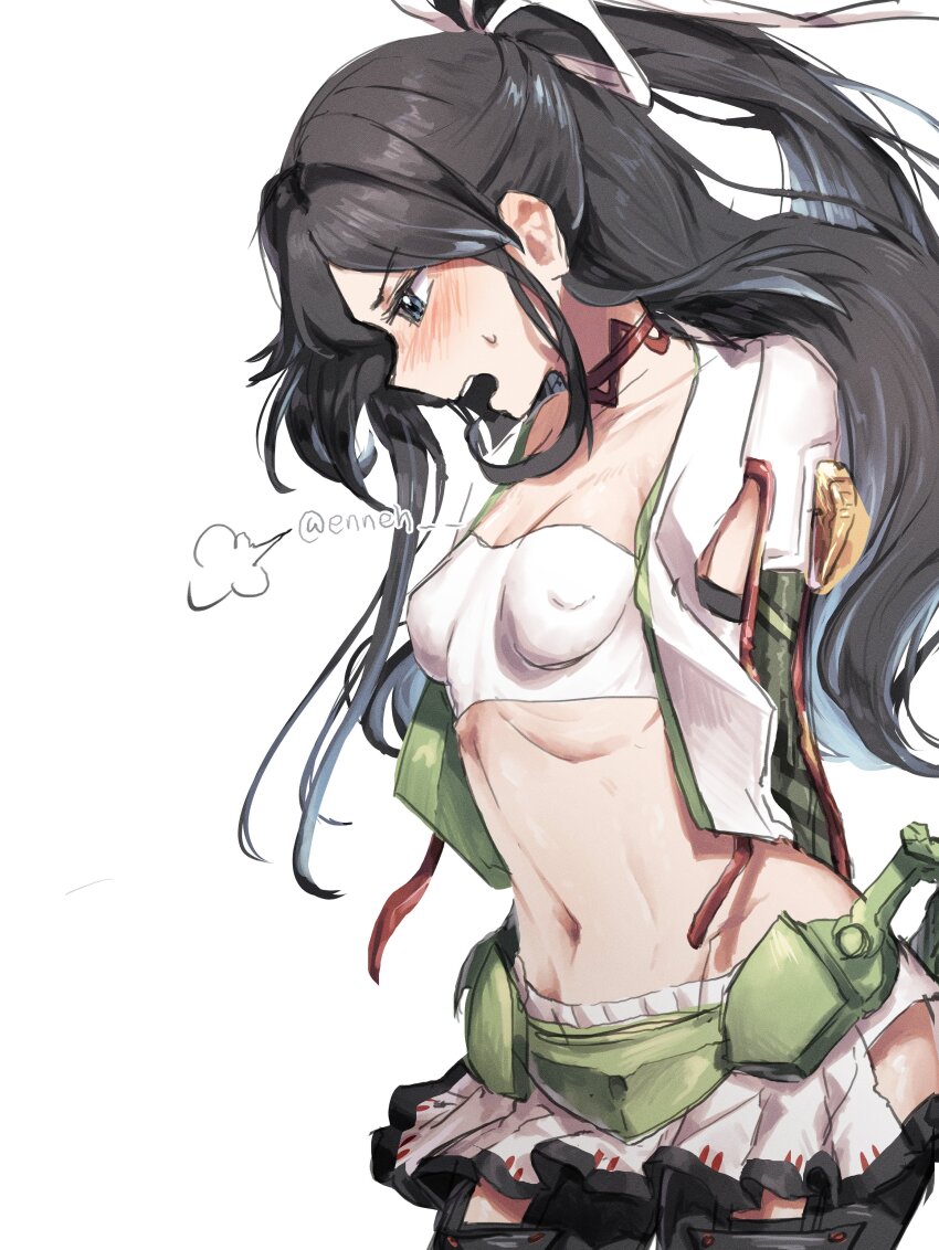 1girl absurdres black_hair blue_eyes breasts choker covered_erect_nipples cowboy_shot enneh highres kantai_collection katsuragi_(kancolle) katsuragi_kai_(kancolle) microskirt navel open_mouth pleated_skirt ponytail red_choker skirt small_breasts solo teeth upper_teeth_only white_skirt