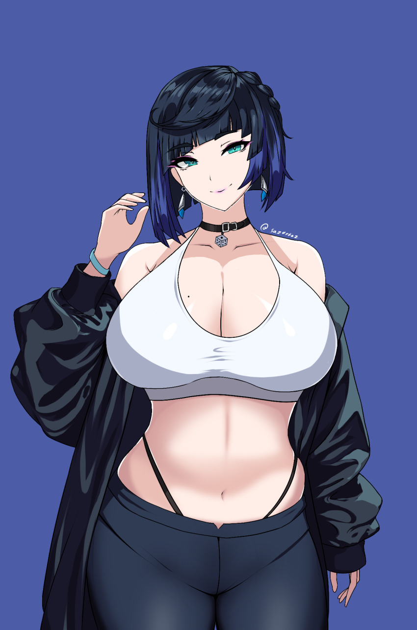 1girl black_choker black_hair black_jacket black_pantyhose blue_background blue_hair bracelet breasts choker collarbone crop_top earrings genshin_impact gradient_hair green_eyes head_tilt highres jacket jewelry large_breasts leopxl long_sleeves looking_at_viewer mole mole_on_breast multicolored_hair off_shoulder pantyhose simple_background sleeves_past_wrists solo twitter_username yelan_(genshin_impact)