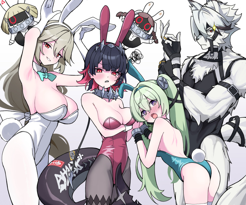 1boy 3girls 4_m_lacra @_@ absurdres alexandrina_sebastiane alternate_costume anastella_(zenless_zone_zero) angry animal_ear_fluff animal_ear_hairband animal_ears aqua_bow aqua_bowtie arm_belt arm_under_breasts armpits arms_up ass back backless_leotard bangboo_(zenless_zone_zero) bare_shoulders black_gloves black_hair black_leotard black_pantyhose blonde_hair blush body_fur bow bowtie breasts bunny_day chest_harness cleavage clenched_teeth closed_mouth collar colored_inner_hair corin_wickes detached_collar drusilla_(zenless_zone_zero) earclip ellen_joe embarrassed fake_animal_ears fake_tail fingerless_gloves fins fish_tail furry furry_male gloves green_hair green_leotard grin hair_between_eyes hairband harness highleg highleg_leotard highres jewelry large_breasts leaning_forward leotard long_hair looking_at_viewer looking_back metal_collar metal_hairband mole mole_under_eye multicolored_hair multiple_girls open_mouth pantyhose playboy_bunny purple_eyes rabbit_ear_hairband rabbit_ears rabbit_pose rabbit_tail red_eyes red_hair red_leotard ring scar scar_on_tail shark_girl shark_tail sharp_teeth simple_background smile sparkle squiggle standing strapless strapless_leotard tail teeth turning_head twintails two-tone_hair von_lycaon white_background white_fur white_gloves white_leotard white_pantyhose wolf_boy wolf_ears wolf_tail wrist_cuffs zenless_zone_zero