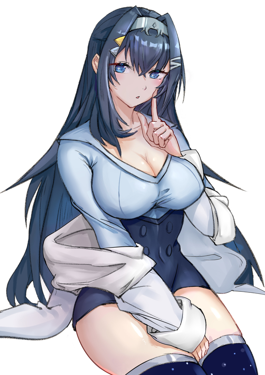 absurdres blue_eyes blue_hair blue_sweater breasts chinese_commentary cleavage collarbone corset dang_fengshi_yu_shangfeng finger_to_mouth grey_jacket hair_behind_ear head_tilt highres hololive hololive_china jacket large_breasts off_shoulder open_mouth pointing rosalyn_(hololive) shushing silver_hairband sitting skindentation solo sweater thighhighs virtual_youtuber