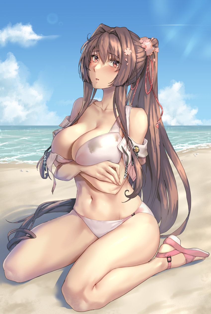 1girl :o arms_under_breasts beach bikini blue_sky blush breasts brown_eyes brown_hair cherry_blossoms cleavage cloud collarbone commission crossed_arms day flower full_body hair_between_eyes hair_flower hair_intakes hair_ornament highres kantai_collection kneeling kokuzou large_breasts long_hair looking_at_viewer multicolored_bikini multicolored_clothes navel ocean official_alternate_costume outdoors parted_lips pink_bikini pink_eyes pink_flower ponytail red_eyes sandals sidelocks sitting skeb_commission sky solo swimsuit untied_bikini very_long_hair white_bikini yamato_(kancolle) yamato_kai_ni_(kancolle) yamato_kai_ni_(swimsuit_mode)_(kancolle)