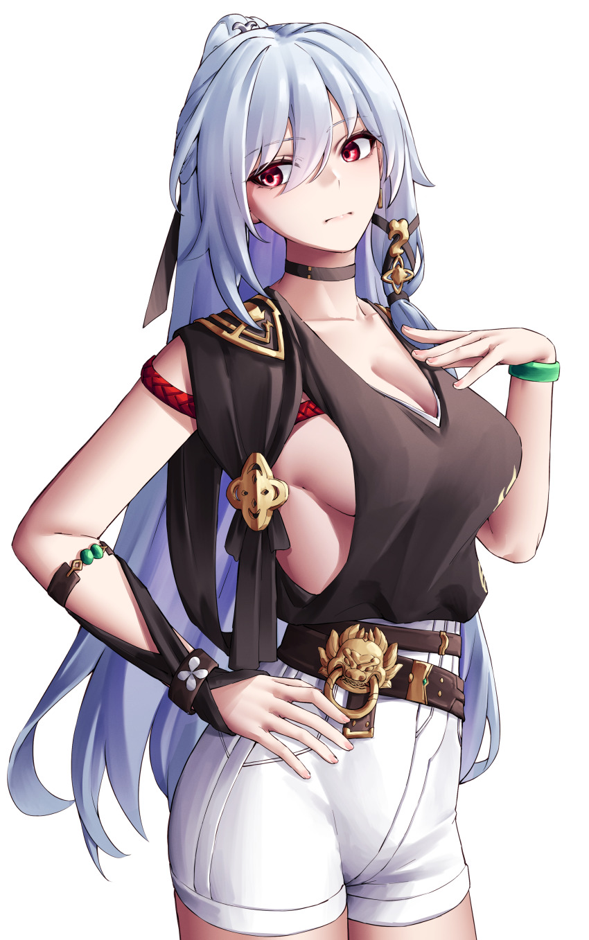 1girl absurdres alternate_costume bare_shoulders belt black_belt black_choker black_shirt breasts choker cleavage commentary_request cowboy_shot grey_hair hand_on_own_chest highres honkai:_star_rail honkai_(series) jingliu_(honkai:_star_rail) long_hair looking_at_viewer medium_breasts pink_eyes pyeong_il shirt short_shorts shorts sideboob simple_background solo standing very_long_hair white_background white_shorts