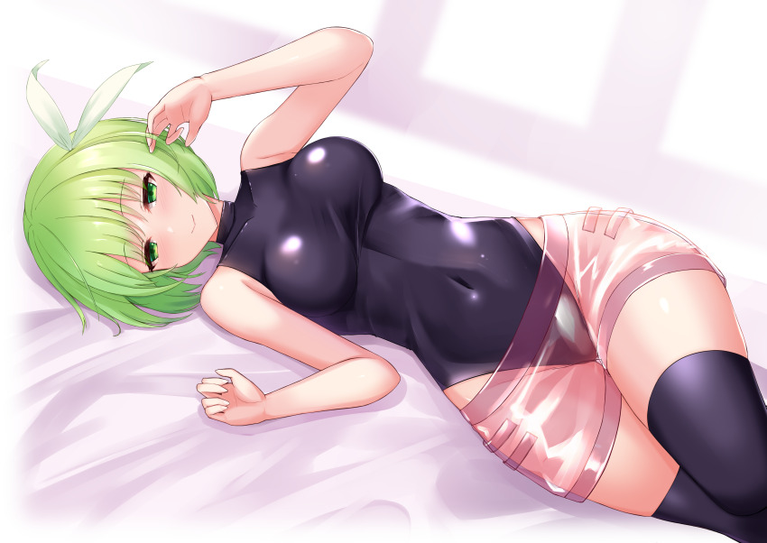 1girl absurdres black_leotard breasts commission commissioner_upload covered_navel eld_pld green_eyes green_hair highres leotard looking_at_viewer lying non-web_source on_side rance_(series) short_hair short_shorts shorts skeb_commission sleeveless_leotard thighs tillday_shape