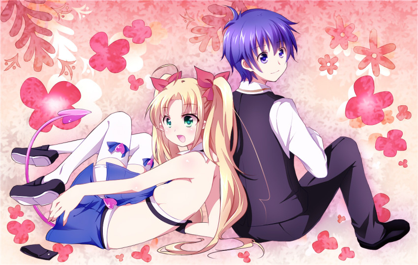 1boy 1girl ahoge astarotte_ygvar blonde_hair blush bow breasts demon_tail green_eyes hair_bow lotte_no_omocha! nya? nyaa_(nnekoron) purple_eyes purple_hair sideboob skirt small_breasts tail thighhighs touhara_naoya twintails