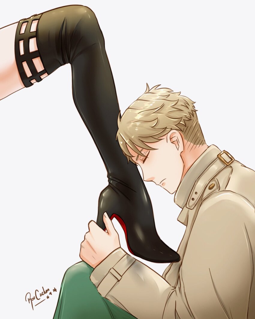 1boy 1girl black_footwear blonde_hair boots brown_coat closed_eyes coat green_pants high_heel_boots high_heels highres husband_and_wife leg_on_another&#039;s_leg long_hair pants photo-referenced rou_uor signature simple_background spy_x_family thigh_boots twilight_(spy_x_family) white_background yor_briar