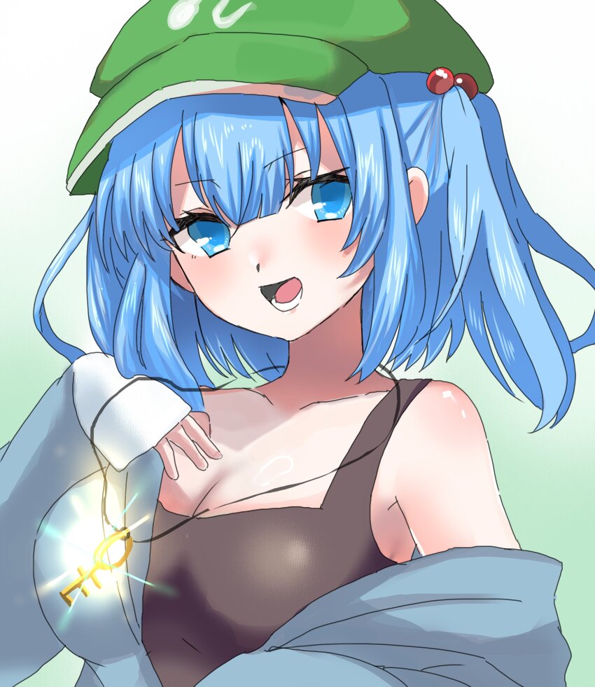 1girl absurdres bare_shoulders black_tank_top blue_eyes blue_hair blue_jacket breasts cleavage commentary_request flat_cap green_hat hair_bobbles hair_ornament hat highres jacket jewelry kashiwara_mana kawashiro_nitori key key_necklace long_sleeves medium_breasts necklace open_clothes open_jacket open_mouth simple_background solo tank_top touhou two_side_up upper_body white_background