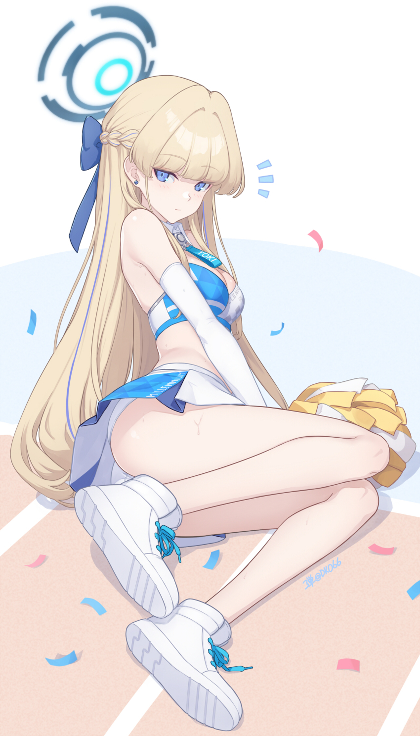 1girl ass blonde_hair blue_archive blue_bow blue_eyes blue_hair blue_halo blue_skirt bow breasts cheerleader crop_top dan_(kumadan) earrings hair_bow halo highres holding holding_pom_poms jewelry long_hair medium_breasts millennium_cheerleader_outfit_(blue_archive) miniskirt multicolored_hair panties pom_pom_(cheerleading) pom_poms shoes skirt sneakers solo streaked_hair stud_earrings text_print toki_(blue_archive) two-tone_skirt underwear very_long_hair white_panties white_shoes white_skirt