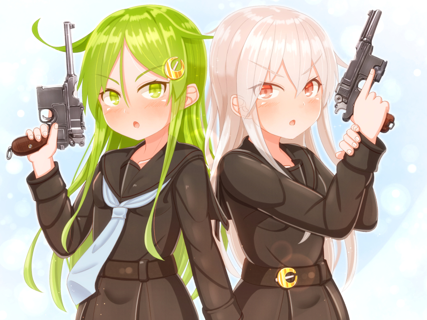 2girls :o black_sailor_collar black_serafuku black_skirt blue_neckerchief blush crescent crescent_hair_ornament green_eyes green_hair gun hair_between_eyes hair_ornament handgun highres holding holding_gun holding_weapon kantai_collection kikuzuki_(kancolle) long_hair long_sleeves multiple_girls nagatsuki_(kancolle) neckerchief open_mouth red_eyes sailor_collar school_uniform serafuku simple_background skirt suzushiro_(gripen39) upper_body weapon weapon_request white_hair