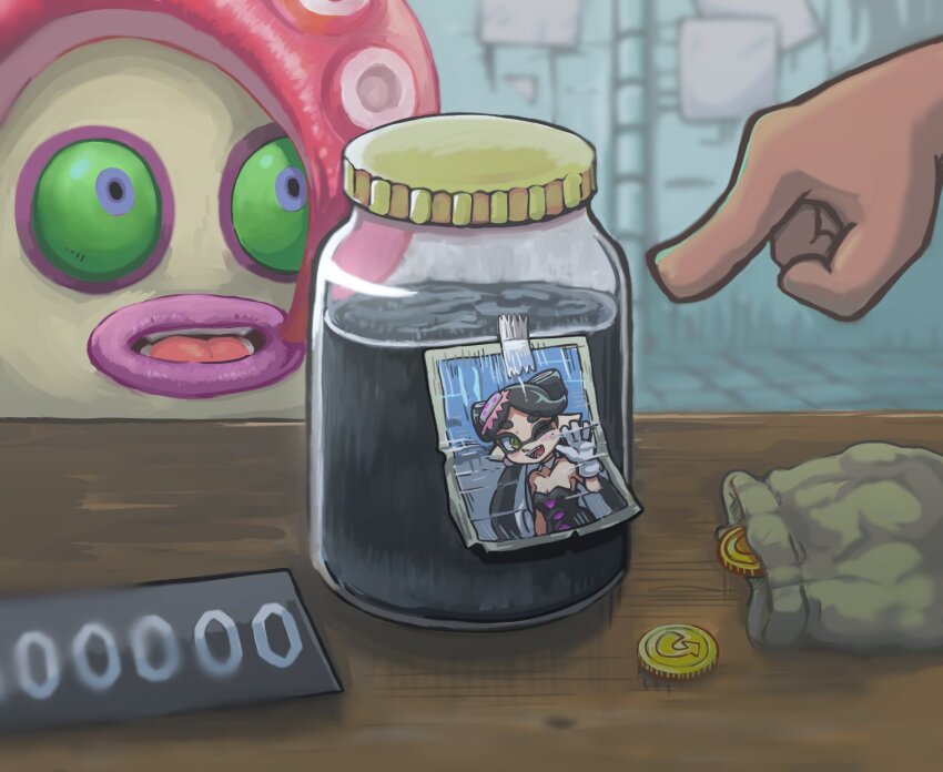 callie_(splatoon) coin highres holding holding_jar ink inkling jar nintendo octarian_(enemy) octoling octotrooper photo_(object) pointing price price_tag shop splatoon_(series) takamame