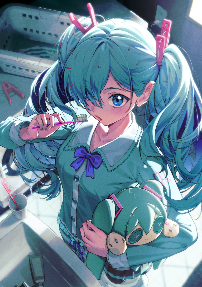 1girl aqua_eyes aqua_hair blue_bow blue_bowtie blush bow bowtie breasts green_pajamas hair_ornament hair_over_one_eye hatsune_miku highres indoors kabu_(niniko2ko) long_hair long_sleeves looking_at_viewer medium_breasts open_mouth pajamas solo stuffed_toy toothbrush twintails vocaloid