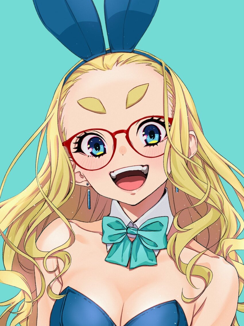 1girl animal_ears aqua_background aqua_bow aqua_bowtie bare_shoulders blonde_hair blue_eyes blue_leotard blush bow bowtie breasts curly_hair dekomegane detached_collar earrings fake_animal_ears glasses highres jewelry large_breasts leotard long_hair looking_at_viewer multicolored_eyes open_mouth original playboy_bunny portrait sasetsu simple_background smile solo strapless strapless_leotard teeth thick_eyebrows upper_teeth_only yellow_eyes