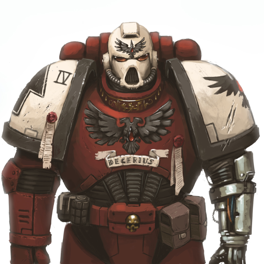 1boy adeptus_astartes armor belt_pouch blood_drop blood_ravens cable explosive fonteart grenade helmet highres imperium_of_man leather lens looking_at_viewer male_focus mechanical_arms parchment pauldrons pouch power_armor shoulder_armor simple_background single_mechanical_arm skull skull_ornament solo space_marine upper_body warhammer_40k wax_seal white_background