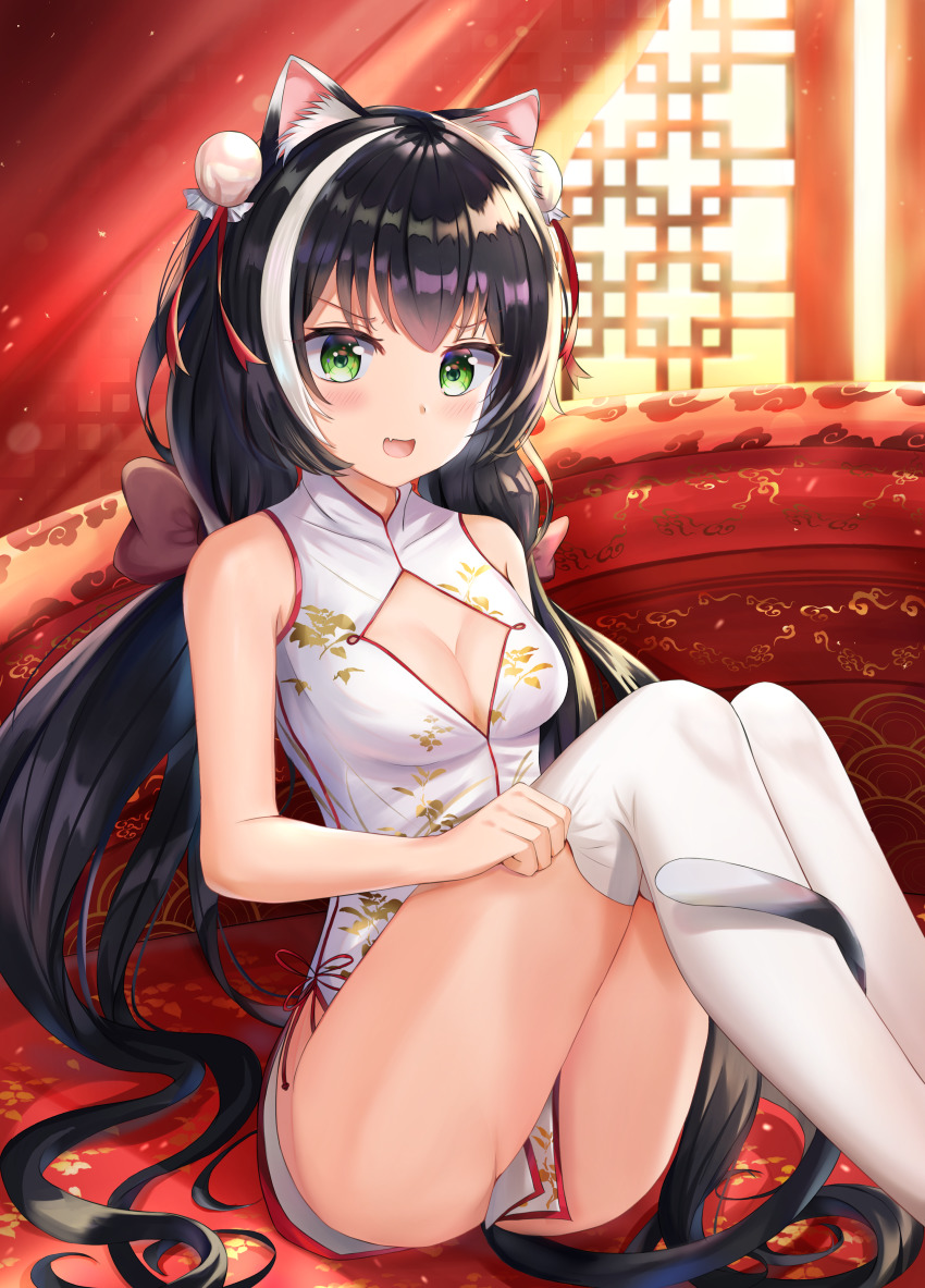 1girl absurdres alternate_costume animal_ear_fluff animal_ears ass bad_id bad_pixiv_id bare_arms bare_shoulders black_hair blush breasts bun_cover cat_ears cat_girl cat_tail china_dress chinese_clothes cleavage cleavage_cutout clothes_between_thighs clothing_cutout commentary_request curtains double_bun dress fang feet_out_of_frame floral_print green_eyes hair_bun highres indoors karyl_(princess_connect!) knees_up long_hair looking_at_viewer low_twintails medium_breasts multicolored_hair no_panties open_mouth pelvic_curtain princess_connect! print_dress sitting sleeveless sleeveless_dress smile solo streaked_hair tail thighhighs thighs twintails underwear very_long_hair white_dress white_hair white_thighhighs zeroillya