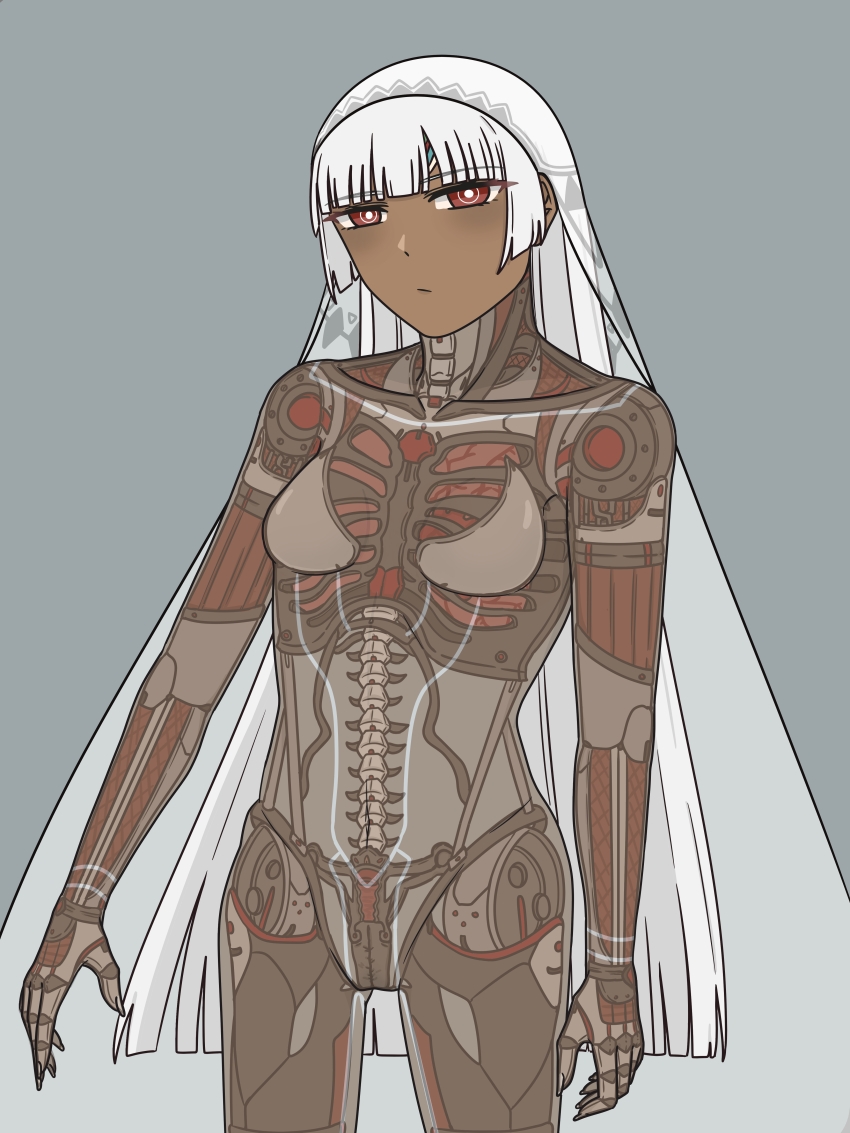 1girl absurdres altera_(fate) android artificial_vagina biomechanical blunt_bangs breasts bright_pupils commentary cowboy_shot dark-skinned_female dark_skin english_commentary expressionless fate/grand_order fate_(series) grey_background heart_(organ) highres joints kaguracanvas long_hair looking_at_viewer lungs mechabare mechanical_pussy mechanical_spine navel red_eyes ribs robot_girl robot_joints robot_skeleton see-through_body sex_toy small_breasts solo variant_set white_hair white_pupils