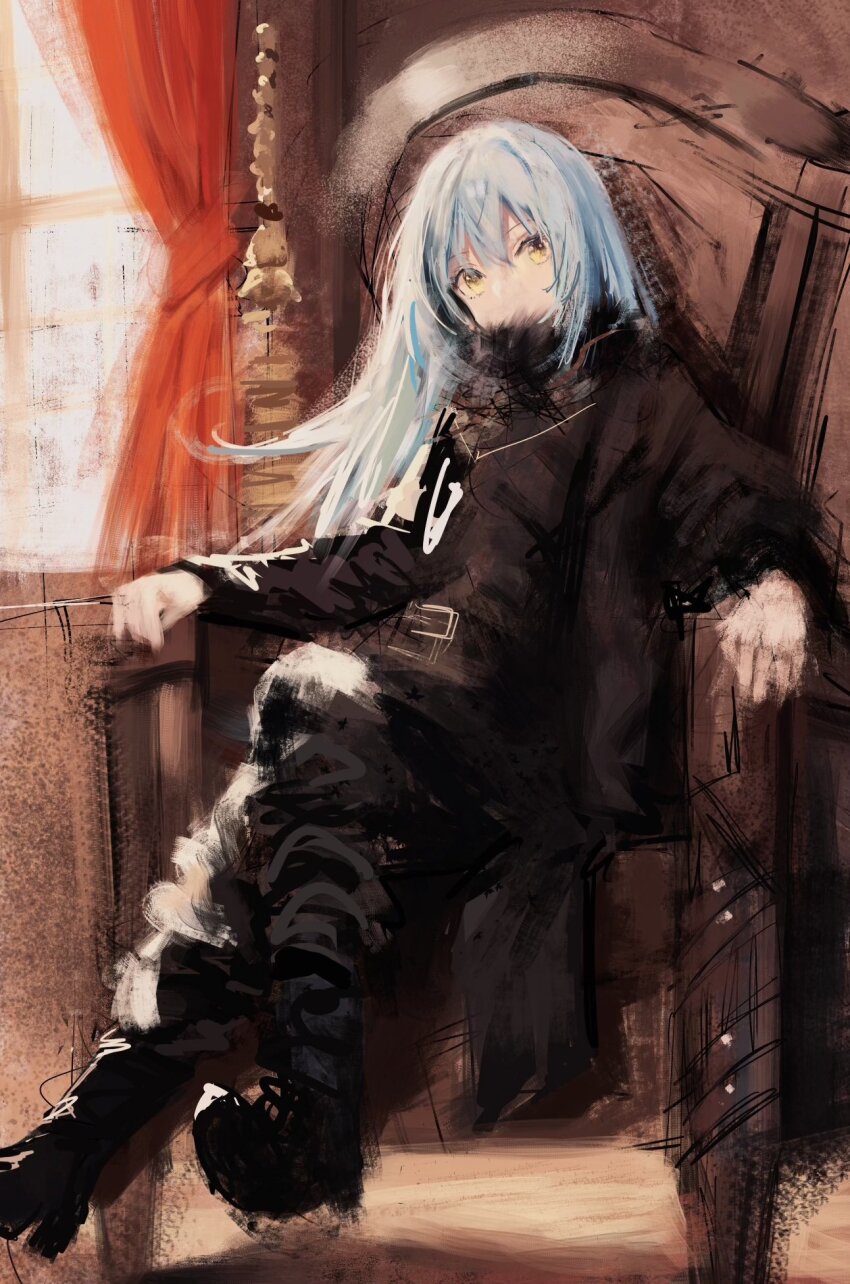 1other belt boots brown_belt brown_jacket brown_shirt crossed_legs curtains fuyumurasaki highres indoors jacket rimuru_tempest shirt sitting solo tensei_shitara_slime_datta_ken throne window yellow_eyes