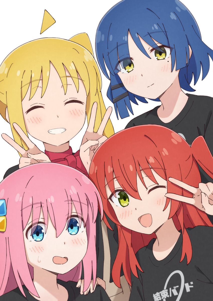 4girls :d absurdres ahoge arms_up black_shirt blonde_hair blue_eyes blue_hair blush bocchi_the_rock! bow bow_choker choker closed_eyes commentary_request cube_hair_ornament detached_ahoge double_v gotoh_hitori hair_between_eyes hair_ornament hair_over_one_eye hairpin hand_up highres ijichi_nijika kessoku_band kita_ikuyo long_hair looking_at_viewer medium_hair mimori_(mimori_05) mole mole_under_eye multiple_girls one_eye_closed one_side_up open_mouth peanut_mouth pink_hair print_shirt red_bow shirt side_ponytail sidelocks simple_background smile sweatdrop t-shirt teeth upper_body v white_background yamada_ryo yellow_eyes