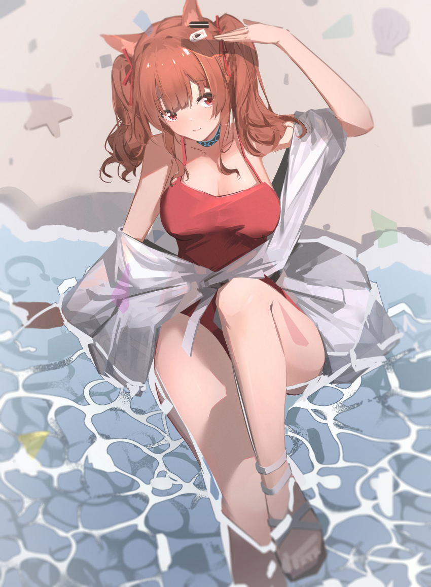 1girl absurdres angelina_(arknights) angelina_(summer_flower)_(arknights) animal_ears arknights beach breasts brown_hair chichi_guai choker cleavage closed_mouth collarbone covered_erect_nipples foot_out_of_frame fox_ears fox_girl hair_ornament hand_up highres huge_filesize infection_monitor_(arknights) large_breasts long_hair looking_at_viewer official_alternate_costume one-piece_swimsuit outdoors partially_submerged red_eyes red_one-piece_swimsuit sandals sitting smile solo swimsuit swimsuit_cover-up twintails