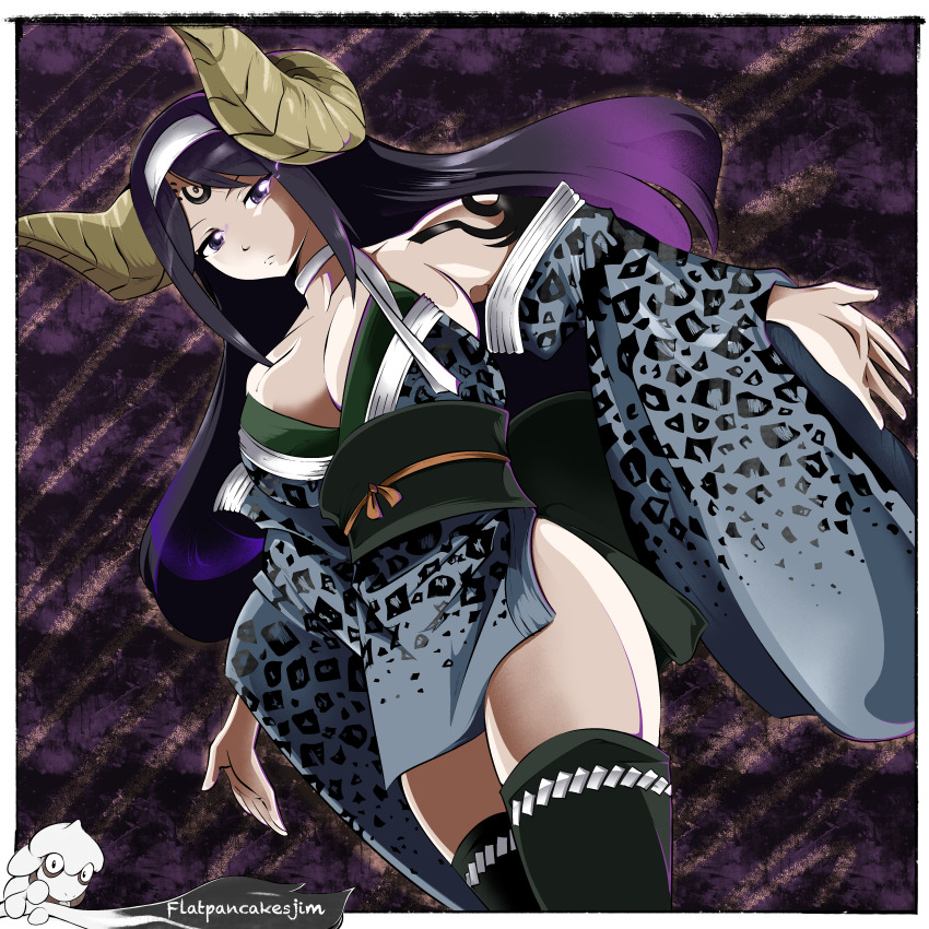 1girl absurdres black_hair breasts cleavage demon_girl demon_horns detached_sleeves fairy_tail flatpancakesjim headband highres horns japanese_clothes kimono large_breasts long_hair long_sleeves looking_at_viewer looking_down outstretched_arms seilah simple_background solo spread_arms yukata