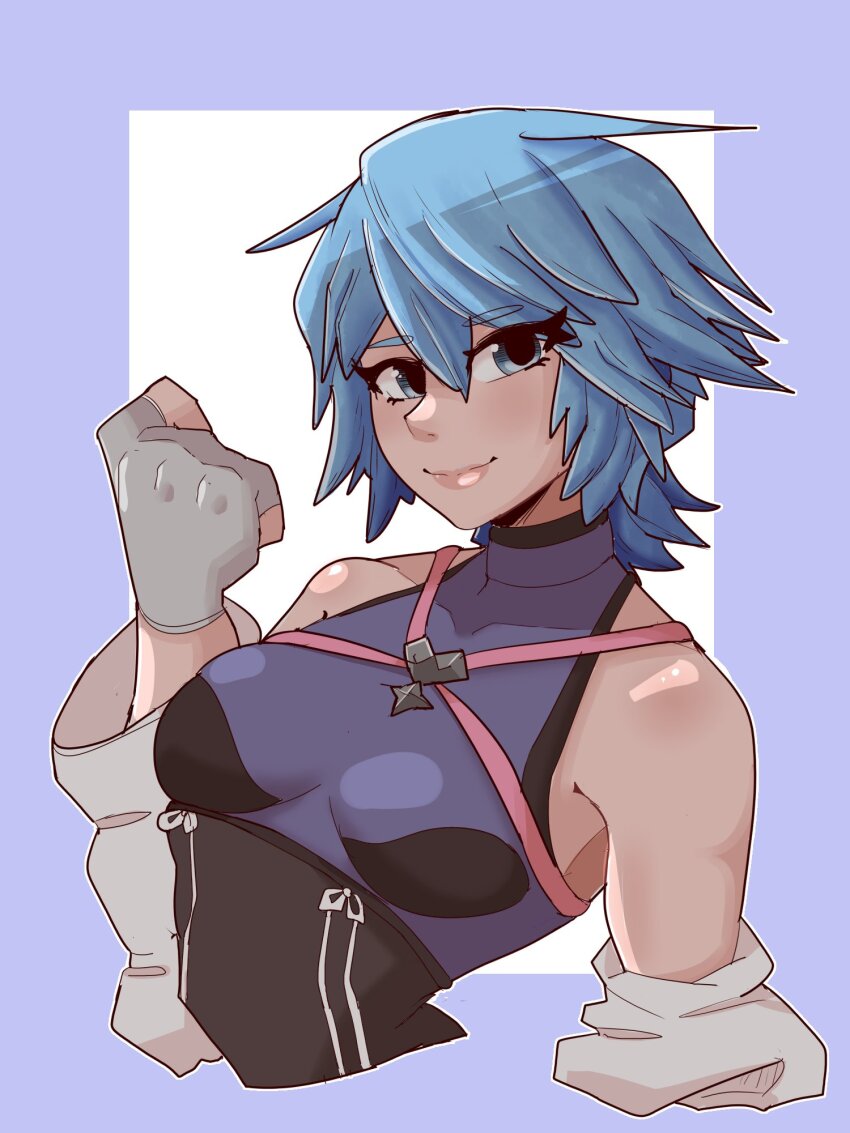 2023 aqua_(kingdom_hearts) blue_eyes blue_hair clenched_hand cropped_torso highres kingdom_hearts nsfw_bb smile