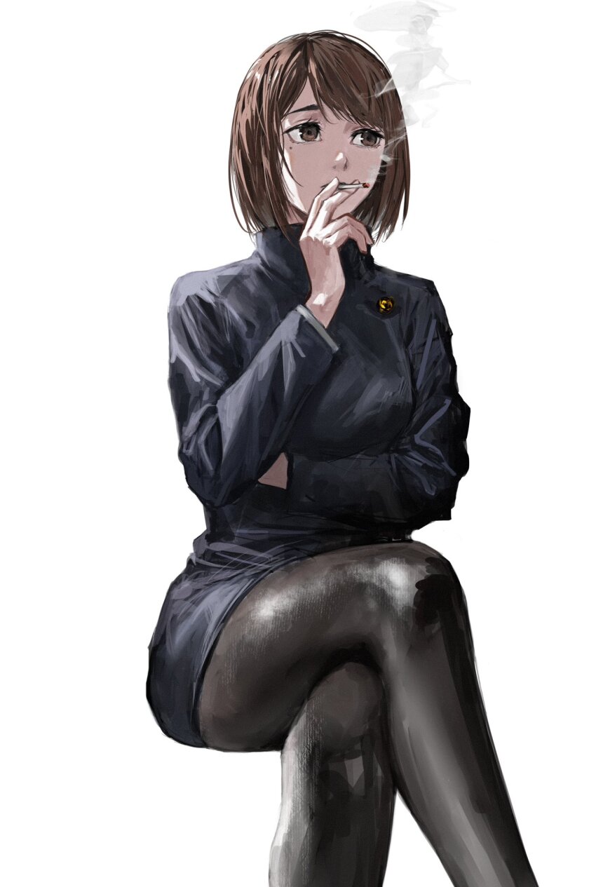 1girl black_jacket black_pantyhose breasts brown_eyes brown_hair cigarette feet_out_of_frame highres holding holding_cigarette ieiri_shoko jacket jujutsu_kaisen legs long_sleeves medium_breasts pantyhose raberu_ruru school_uniform short_hair simple_background skirt smoke smoking solo white_background