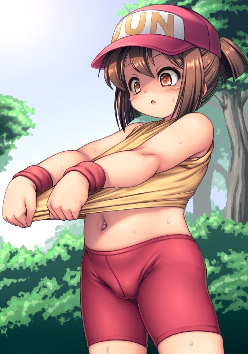 1girl baseball_cap blunt_ends blush brown_eyes brown_hair cameltoe chabo_(fuketsudan) character_request clothes_lift commentary_request copyright_request cowboy_shot day hair_between_eyes hat highres medium_hair navel outstretched_arms parted_lips ponytail red_hat red_shorts red_wristband shirt shirt_lift shorts sidelocks sleeveless solo sweat tareme tree yellow_shirt