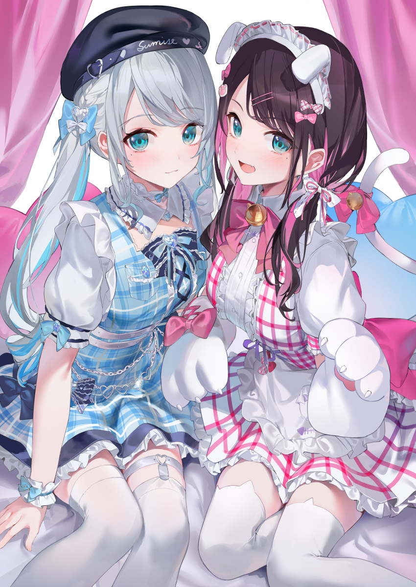 2girls absurdres animal_ear_legwear animal_ears animal_hands apron bell black_hair black_hat blue_dress blue_hair blue_ribbon blush bow breasts cat_ear_legwear cat_ear_thighhighs cat_ears cat_tail cat_thighhighs colored_inner_hair detached_collar dress frilled_apron frilled_dress frills gloves green_eyes hair_ornament hair_ribbon hairclip hat highres indoors isaya_(pixiv4541633) jingle_bell kaga_nazuna kaga_sumire large_breasts low_twintails multicolored_hair multiple_girls neck_bell open_mouth paw_gloves pink_dress pink_hair pink_ribbon ribbon small_breasts smile streaked_hair tail tail_bow tail_ornament thigh_strap thighhighs twintails virtual_youtuber vspo! waist_apron white_hair white_thighhighs wrist_cuffs