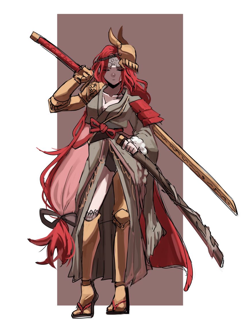 1girl absurdres amputee armor breasts cape closed_mouth dress elden_ring fujioctopus1 highres holding holding_sword holding_weapon japanese_clothes kimono long_hair low-tied_long_hair malenia_blade_of_miquella mask mechanical_arms prosthesis prosthetic_arm prosthetic_leg red_cape red_hair simple_background single_mechanical_arm solo sword very_long_hair weapon