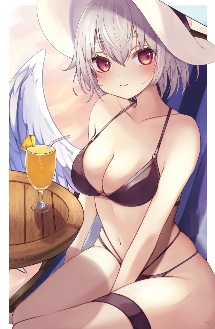 1girl angel_wings beach bikini black_bikini breasts chair drink folding_chair grey_hair highres kishin_sagume looking_at_viewer red_eyes sand single_wing solo swimsuit table thigh_strap touhou white_wings wings yuineko