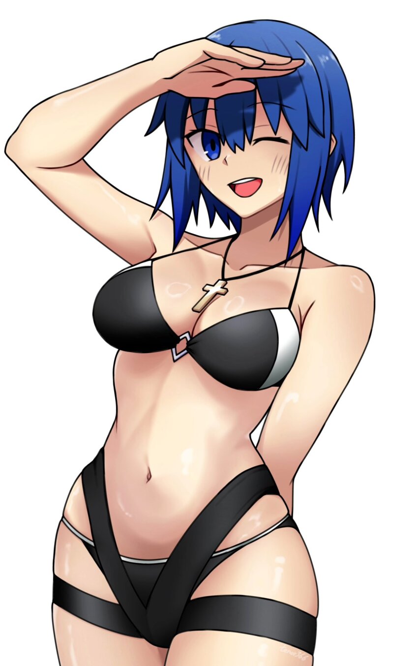 1girl :d arm_behind_back bikini black_bikini blue_eyes blue_hair breasts ciel_(tsukihime) collarbone commentary_request cross cross_necklace highres jewelry large_breasts medium_hair moyashi_(tenor366) navel necklace one_eye_closed open_mouth simple_background skindentation smile solo swimsuit thigh_strap tsukihime tsukihime_(remake) white_background